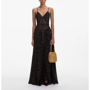 Self-Portrait Black And Gold Chiffon Maxi Dress